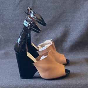 Jeffrey Campbell SERENE Black Patent Leather and Tan Leather Heeled Sandals